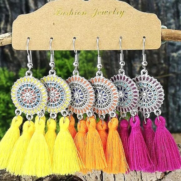 Tassel Earrings 3pr Boho Drop Dangle Hippie Stylish Colorful Fan Trendy Glam - Picture 1 of 2